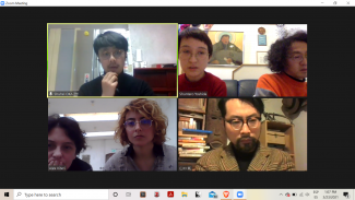 Screenshot of Skype Call between Maharu Maeno, Shuntaro Yoshida, Jung, and Mr. Oka, triennial commissionaire.