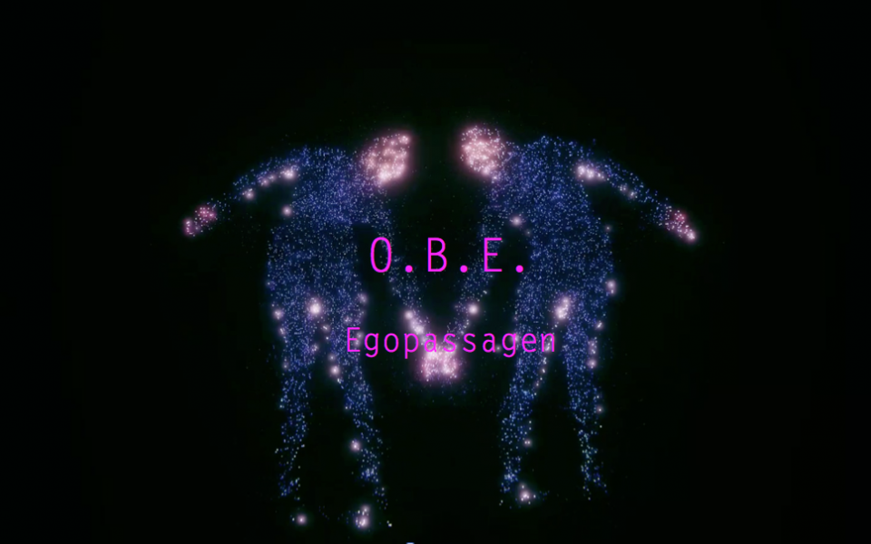 © O.B.E. Egopassagen zwei ineinander verhakte Tänzer, deren Gestalt sich in Partikeln auflösen; der Titel "O.B.E. Egopassagen" überblendet